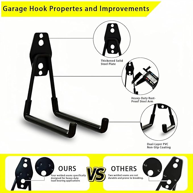 10 Pack Garage Hooks Heavy Duty with Anti-Slip Coating, Steel Utility Ladder Hooks for Hanging Garden Tools, Hoses, Ropes, Bikes and More (5.3in)