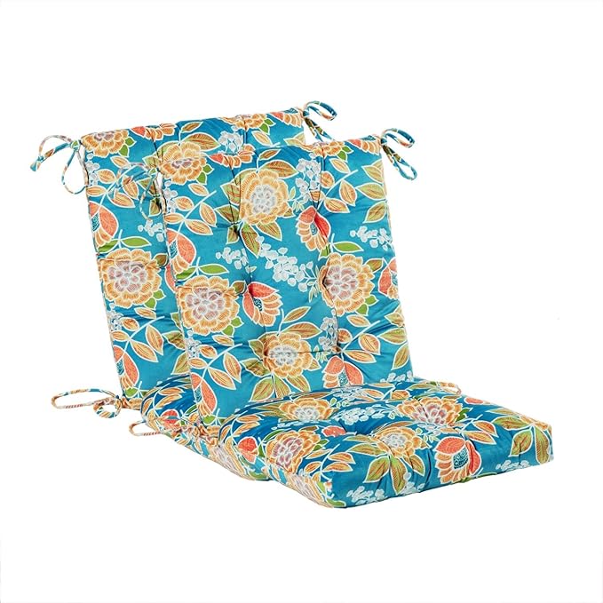 Outdoor Patio Cushion, Rocking Chair Cushion, Tufted Pads, Set of Upper and Lower with Ties Pack of 2 (2 Sets) - Back 20"Ã17", Seat 17"Ã17" (Green Bottom Flowers)