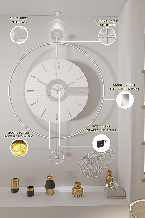 Large Luxury LED Backlit Wall Clock – Pendulum Roman Numeral Metal Ring