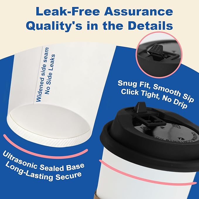 Coolcap 20 oz 500 Pack Coffee Cups with Lids and Sleeves, Straws, Hot Disposable To Go Travel Paper Cups Bulk for Office, Home Coffee Bar Accessories, Chocolate, Cocoa, Beverage (White)