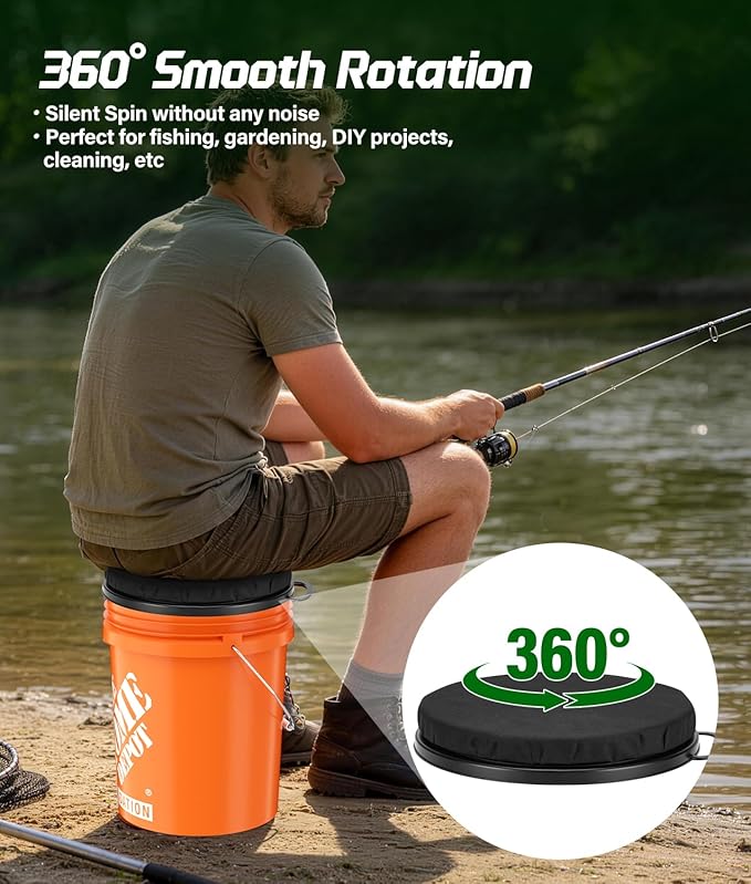 5 Gallon Bucket Seat with Tool Organizer Bag, Bucket Seat Lid & Tool Storage Caddy, Silent 360° Swivel Bucket Chair, Waterproof Comfortable Cushion for Camping, Fishing, Gardening, Yard Work, Hunting