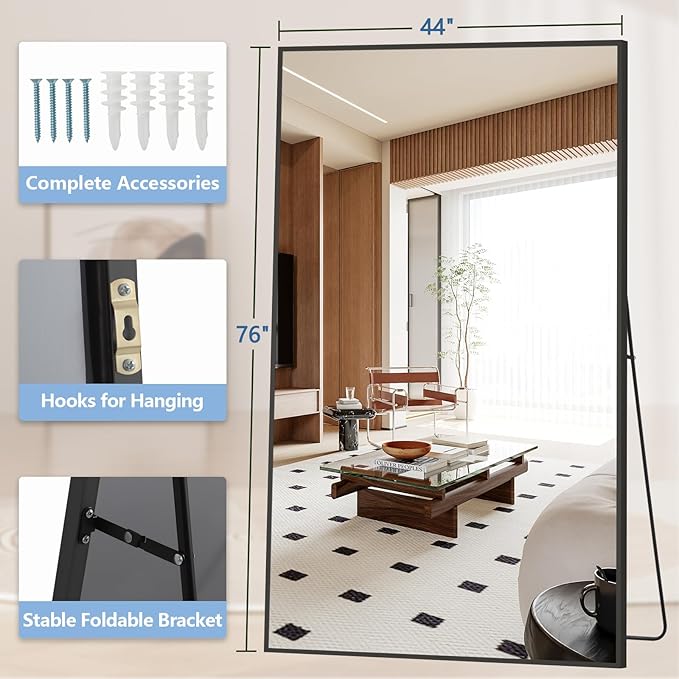 Oversized Standing Mirror Full Length, Hanging or Wall Mounted, Tempered Glass