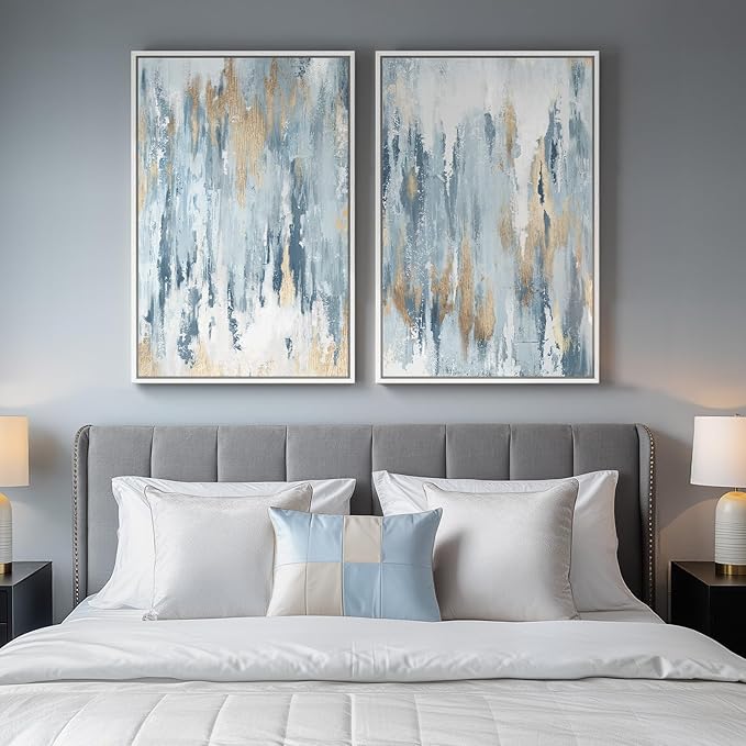 Large White Framed Blue and Gold Abstract Canvas Wall Art, 2 Piece Modern
