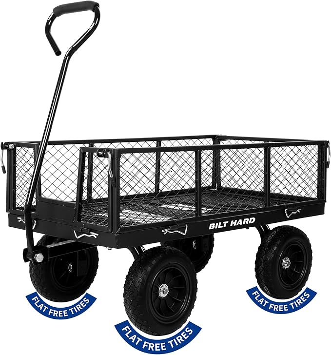 BILT HARD 880 lbs 10" Flat Free Tires Steel Garden Cart with 180Â° Rotating Handle and Removable Sides, Heavy Duty 4 Cu.Ft Capacity Utility Garden Carts and Wagons, Black