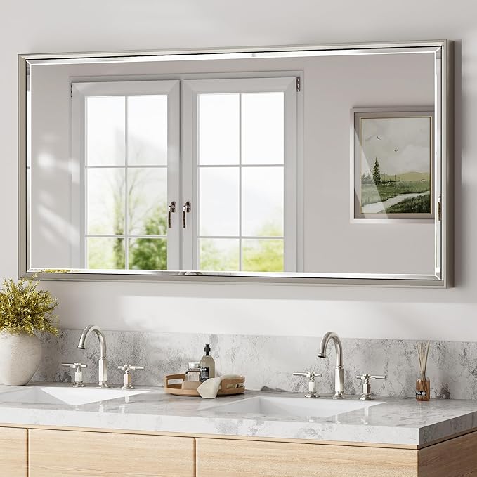 48 x 24 Brushed Nickel Bathroom Mirror, Beveled Framed Rectangle, Shatterproof