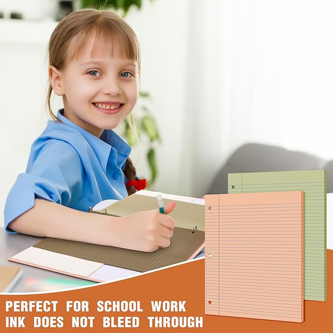 PerKoop 600 Sheets Colored Loose Leaf Paper 8.5" x 11" college ruled Lined 3 Hole Punched notebook Filler Paper for 3 Ring Binders Office School Supplies (Cute Color)