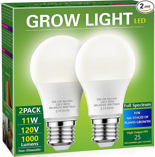 Briignite Grow Light Bulbs, Full Spectrum Grow Light Bulb, LED Grow Light Bulb A19 Bulb, Plant Light Bulbs E26 Base, 11W Grow Bulb 100W Equivalent, Grow Light for Indoor Plants, Seed Starting, 2 Pack