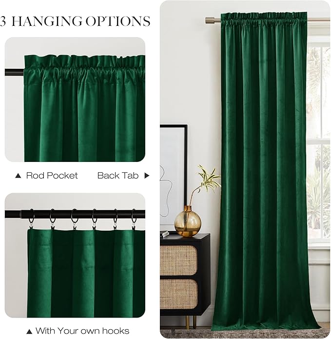 NICETOWN Emerald Green Velvet Curtains 96 inches Long, Home Decoration Thermal