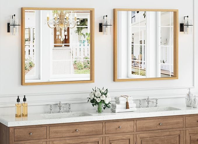 Syndra Square Natural Wood Frame Bathroom Mirror, Waterproof Slim Deep Frame