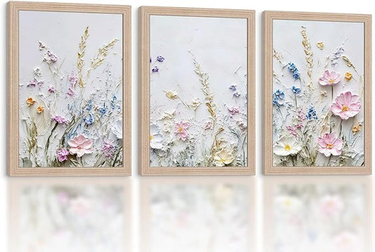Framed 3D Floral Texture Canvas Wall Art Relief Textured Floral Oil Painting