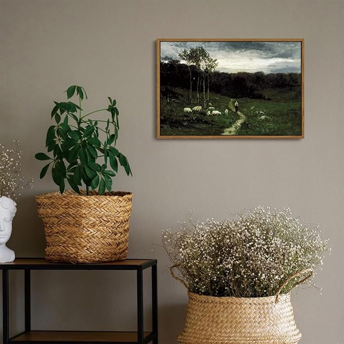OIQArtOIQ Framed Vintage Landscape Wall Art Shepherd Natural Scenery Oil