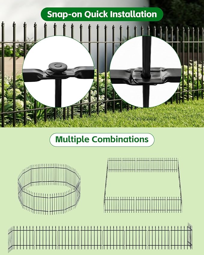 ARIFARO Metal Garden Fence 24" H x 24" W (5 Pack, Length 10 ft), No Digging Decorative Garden Border Fence, Rustproof Black Fence Panels for Flower Bed, Yard, Patio, Small Animal Barrier