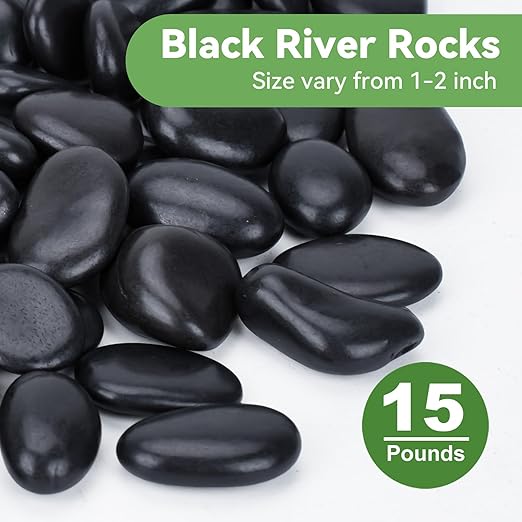 Pulovin 15 lbs Black Rocks for Planters, 1"-2" Decorative River Rocks for Plants, Flower Pots, Vase, Polished Garden Stones for Outdoor Landscaping, Walkways, Yard