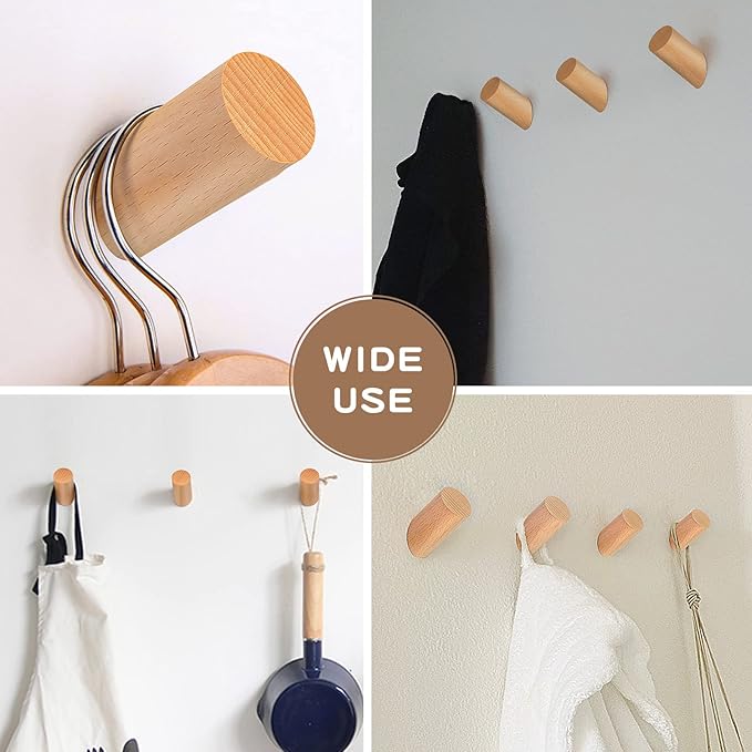 Felidio Wood Wall Hooks, 6 Pack Natural Wooden Coat Hooks Wall-Mounted