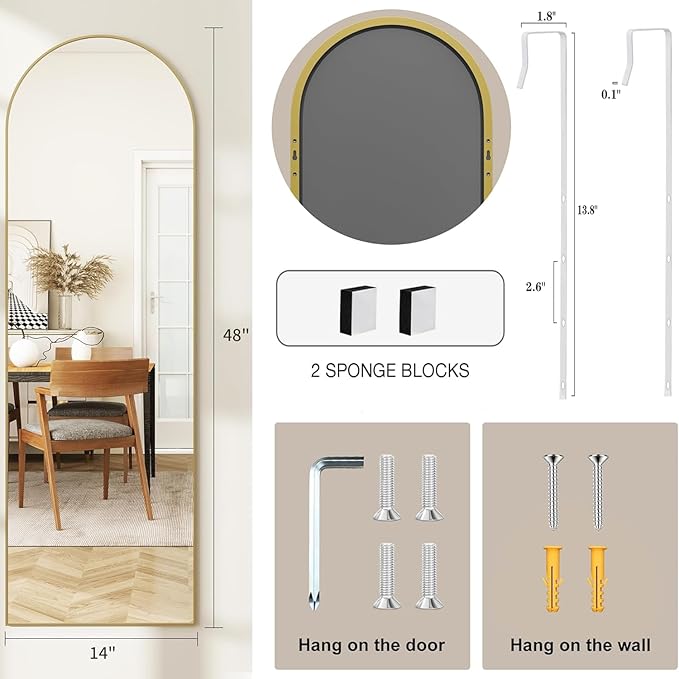 Arched Full Length Door Mirror 14x48, Metal Frame