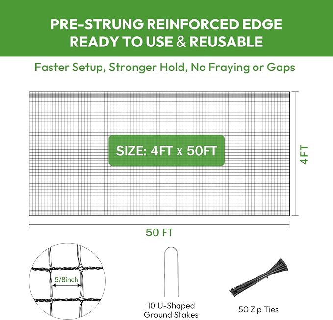 Deer Fence for Garden 4ftx50ft, Plastic Mesh Garden Fencing with Pre-Strung Reinforced Edge, Durable Temporary Fencing, Animal Barrier Fence, Ideal Safe Netting for Poultry, Fruit & Plant Protection
