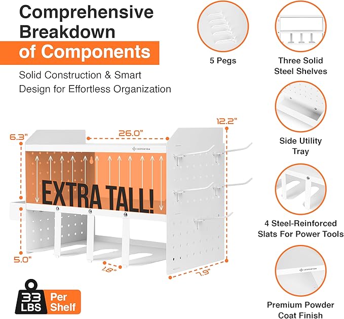 Power Tool Organizer Wall Mount - 3 Layer Heavy Duty - Cordless Tool Organizer, 4 Drill Hanger, Modular Battery Tool Organizer Wall Mount - Garage/Workshop Storage Peg Board Utility Rack