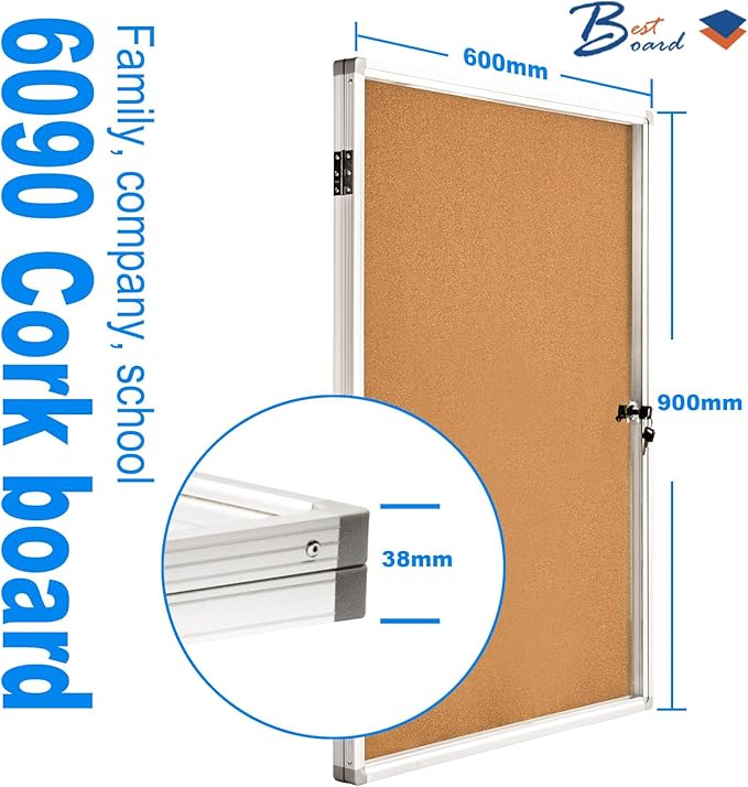 Pinboard Enclosed Bulletin Board 36 x 24 Inch Lockable Cork Noticeboard for School Office, Wall Display Case with Lock (Cork Board)