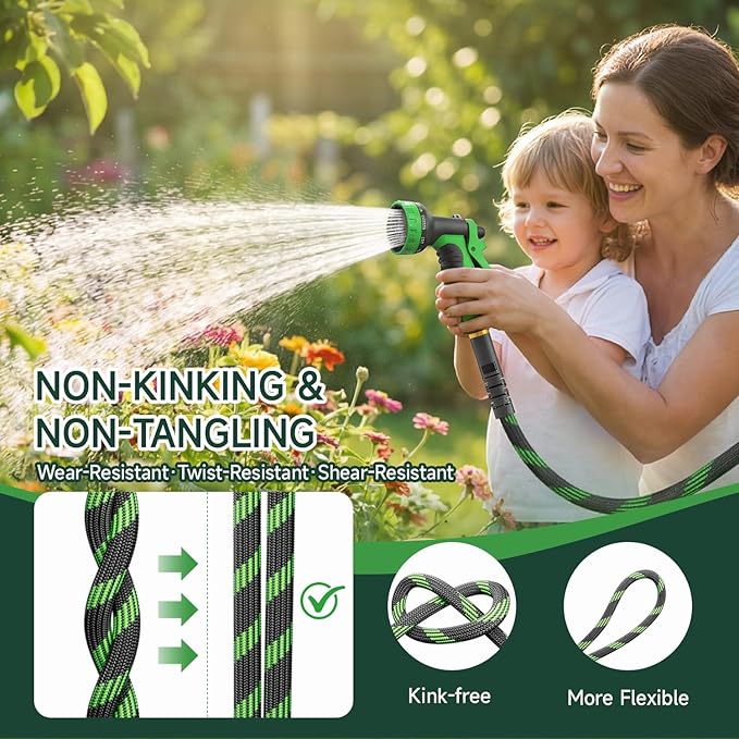 Non-Expandable Garden Hose 125 FT, Heavy-Duty & Flexible Water Hose with 10-Function Nozzle, Kink-Free & Leak-Proof Design, Ultra Lightweight Portable Yard Hose for Lawn, Car, Outdoor Use