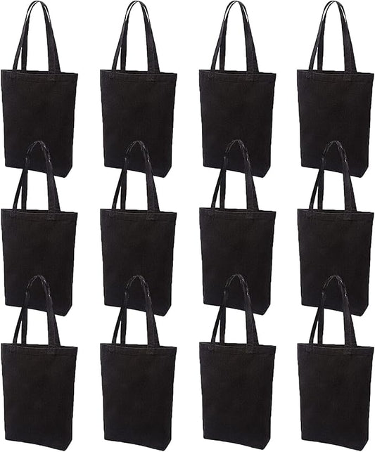 Lily queen Natural Canvas Tote Bags DIY Reusable Shopping Grocery Bag (Black - 12 Pack)