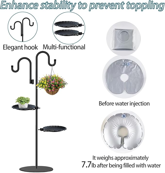 Upgraded 74" Shepherd's Hook Stand plant，Bird Feeder，Wind Chime Hanger Stand, Waterproof Metal & Adjustable-Height Standing Pole Holder for Lantern and Wreath, Indoor & Outdoor（2 Placement Racks)