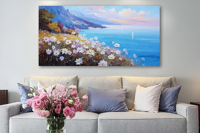 Anolyfi Coastal Landscape Wall Art Nature Flower Mountain Canvas Painting Blue
