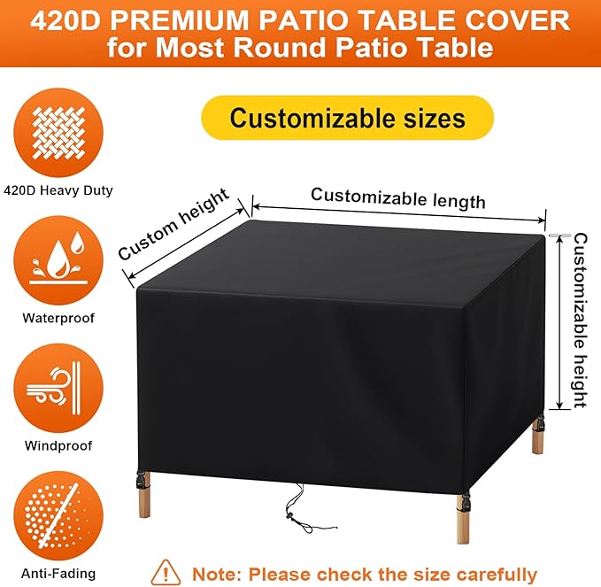 Patio Furniture Cover Rectangle 60"(L) x 36"(W) x 28"(H), Custom Heavy Duty 420D Waterproof Outdoor Cover with Drawstring & Buckles for Table Chair Garden, Black