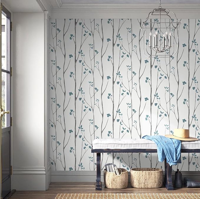 Timeet Blue White Floral Leaf Boho Wallpaper 16.14"x118.11" Self-Adhesive
