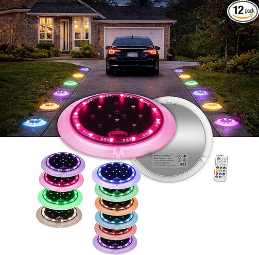SHONELIGHTING Solar Driveway Lights, 48 LEDs 12-Color Changing Flat Dock Ground Lights, Waterproof Low Profile for Driveway, Walkway, Deck, Patio, Pathway, Poolside (RGB-W, 12 Pack)
