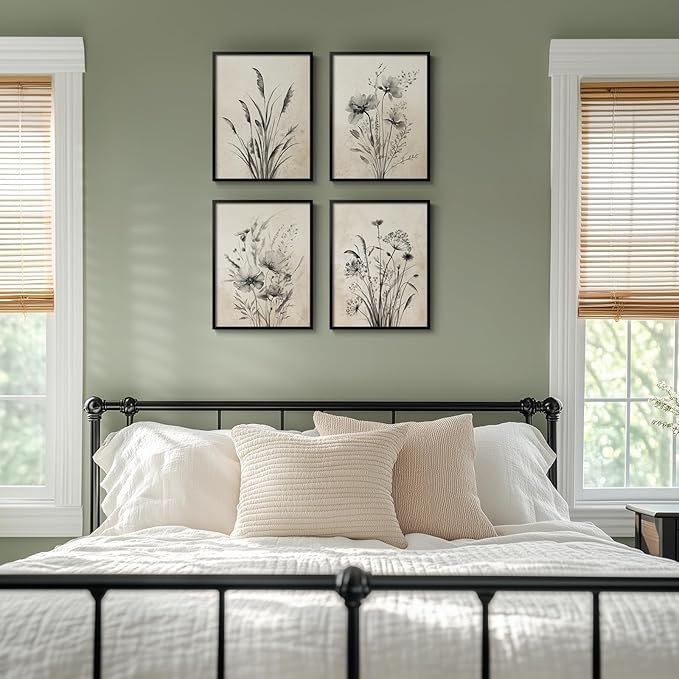 Framed Boho Vintage Botanical Wall Art, 4 Piece Black and White Floral Canvas