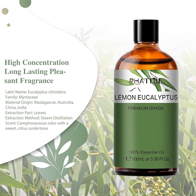 Lemon Eucalyptus 3.38fl.oz Essential Oil, PHATOIL Aromatherapy Essential Oils for Diffuser, Humidifier, Perfect for DIY Soap, Candle, Bath Bombs Making(100ml)