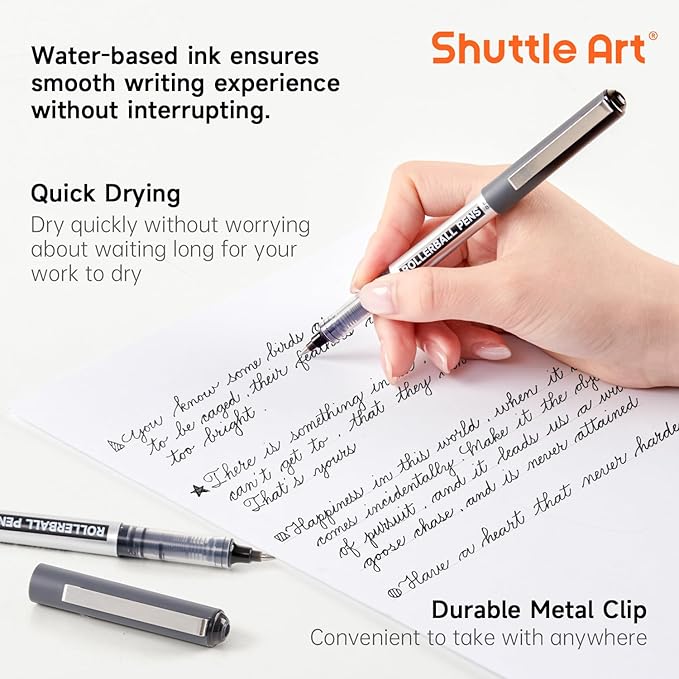 Shuttle Art RollerBall Pens, 25 Pack Black Fine Point Roller Ball Pens, 0.5mm Liquid Ink Pens for Writing Journaling Taking Notes School Office