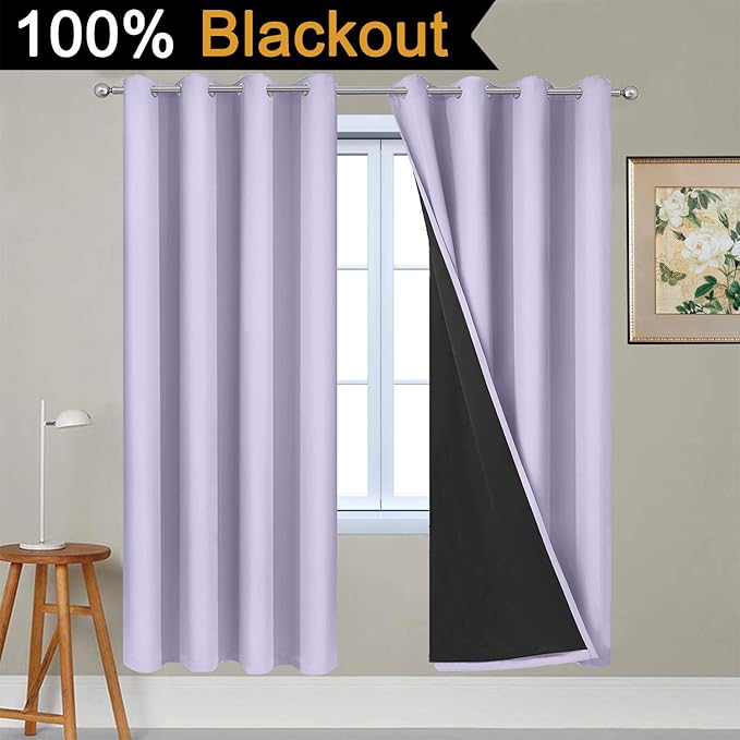 Yakamok Lilac 100% Blackout Lined Curtains, 2 Thick Layers Completely Blackout