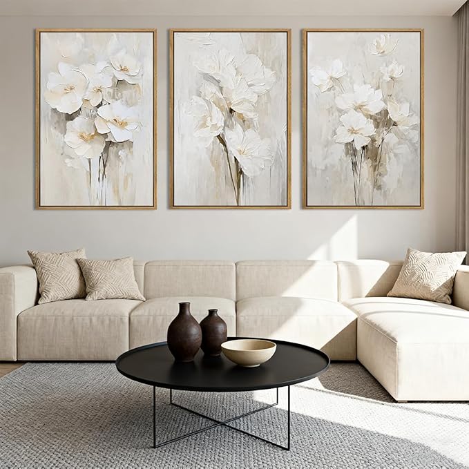 Anyzal Extra Large Beige Floral Framed Wall Art 24x36 Inch Neutral White Flower Canvas Wall Art Farmhouse Wildflower botanical Artwork for Living Room Bedroom Dining Room Set of 3