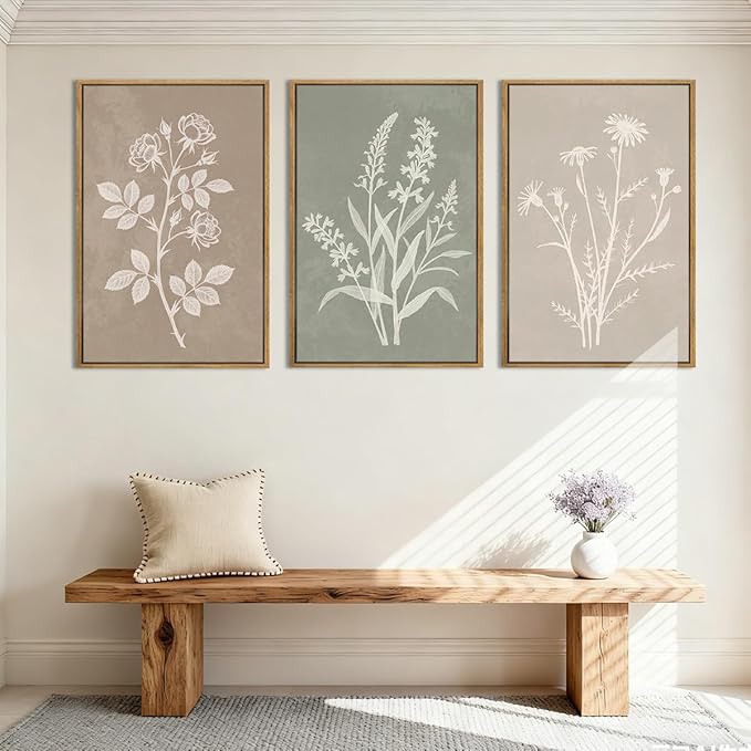 Anyzal Large Framed Boho Botanical Wall Art 16x24 Inch Neutral Plant Canvas Wall Decor Minimalist Floral Farmhouse Painting for Living Room Bedroom Dining Room Set of 3