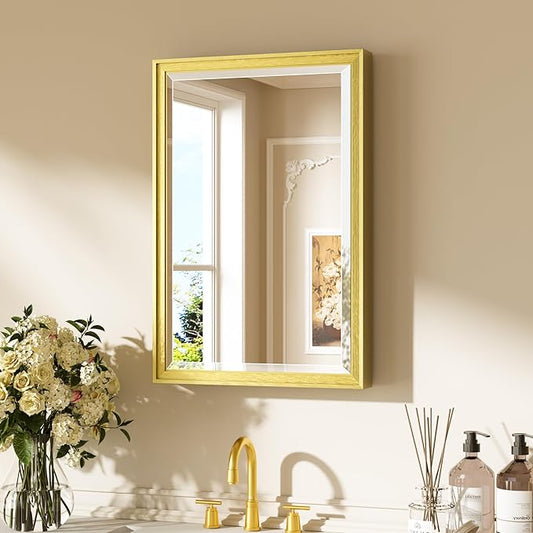 Keonjinn 16" x 24" Gold Bathroom Mirrors, Brushed Gold Framed Mirror, Beveled