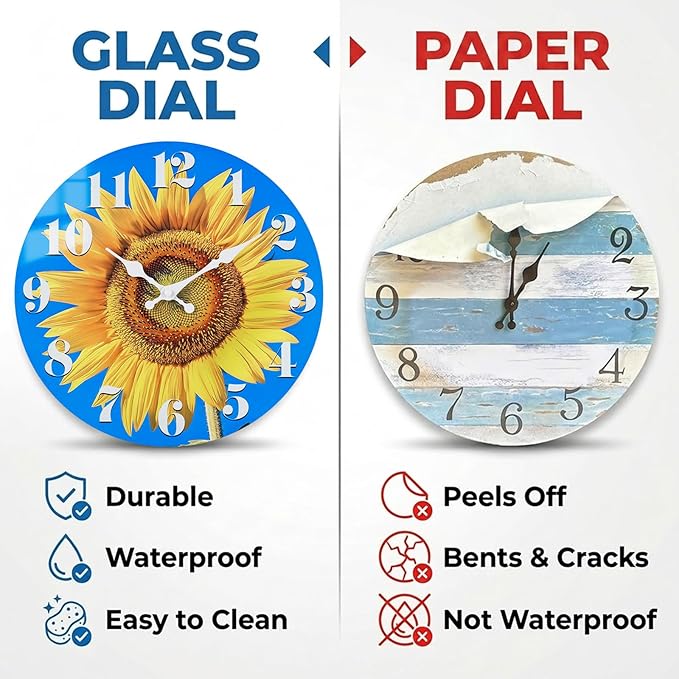 Indoor/Outdoor Clocks Waterproof, Glass Sun Flower Decor Wall Clock