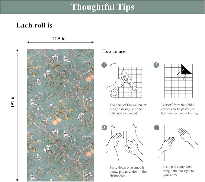 Laatse Green Floral Wallpaper Peel and Stick Bird Wallpaper 17.5" x 196.8"