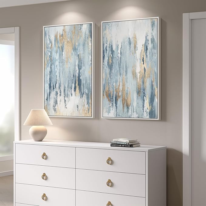 Large White Framed Blue and Gold Abstract Canvas Wall Art
