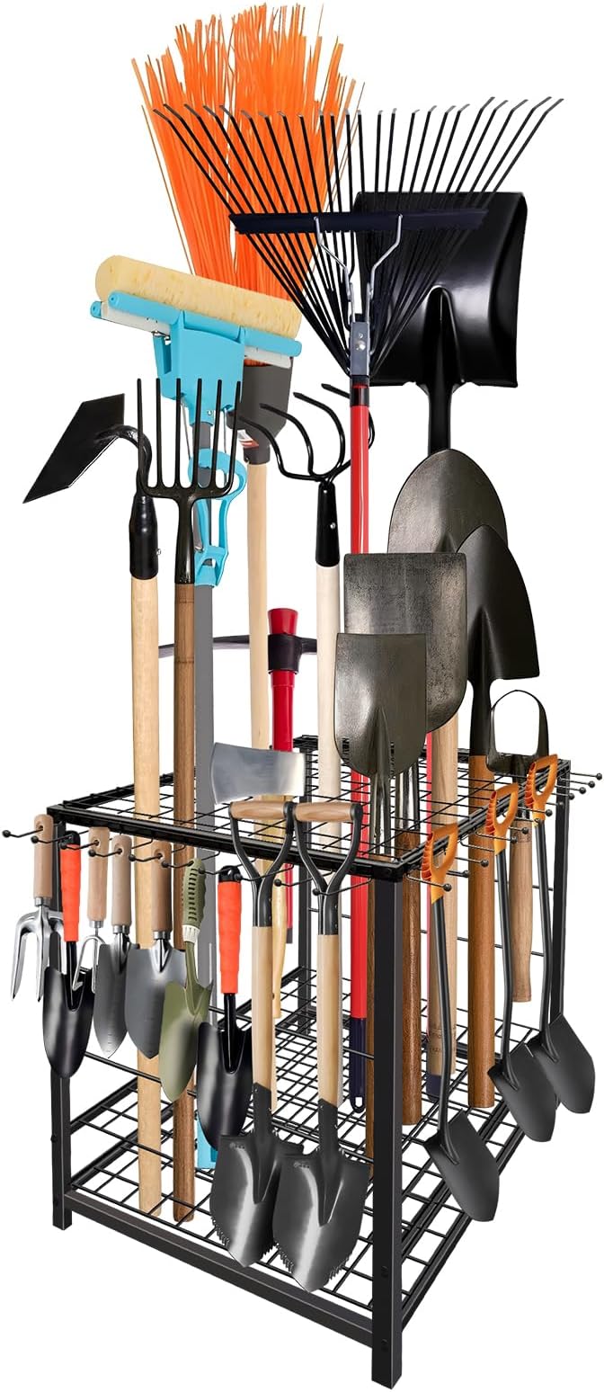 Garden Tool Organizer, Yard Tool Organizer, Metal Yard Tools Storage, Heavy Duty Garden Tool Organizer for Garage, Partitioned Tool Organizer and Storage for Shed, Garage, Tool Stand, Outdoor