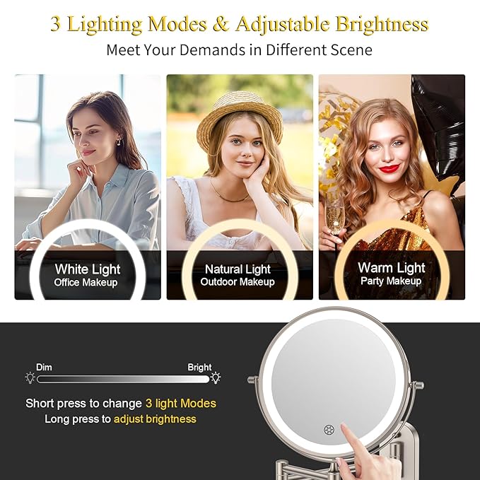 FUNTOUCH 3X/20X Wall Mounted Lighted Makeup Mirror, 5000mAh Rechargeable Double