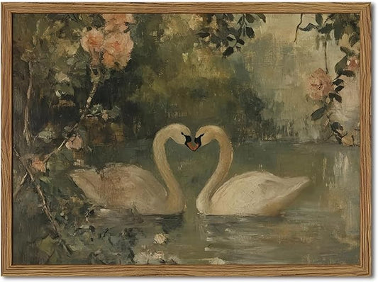 Framed Vintage Swan wall art, Rustic Romantic White Swan Pictures Wall Decor