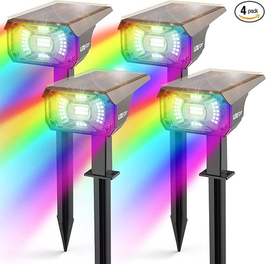 LEREKAM Color Solar Light Outdoor Waterproof Spotlights with 9 Light Modes, Color Changing Solar Outdoor Light for Halloween Decorations, Colored Spot Lights Auto On,Off, RGBW