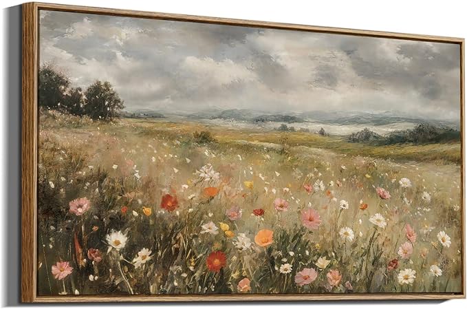 InSimSea Extra Large Framed Vintage Wall Art, Living Room Country Farmhouse Decor, Wildflower Field Flowers Landscape Canvas Prints, Retro Scenery Long Pictures for Bedroom Above of Bed,20x40inch