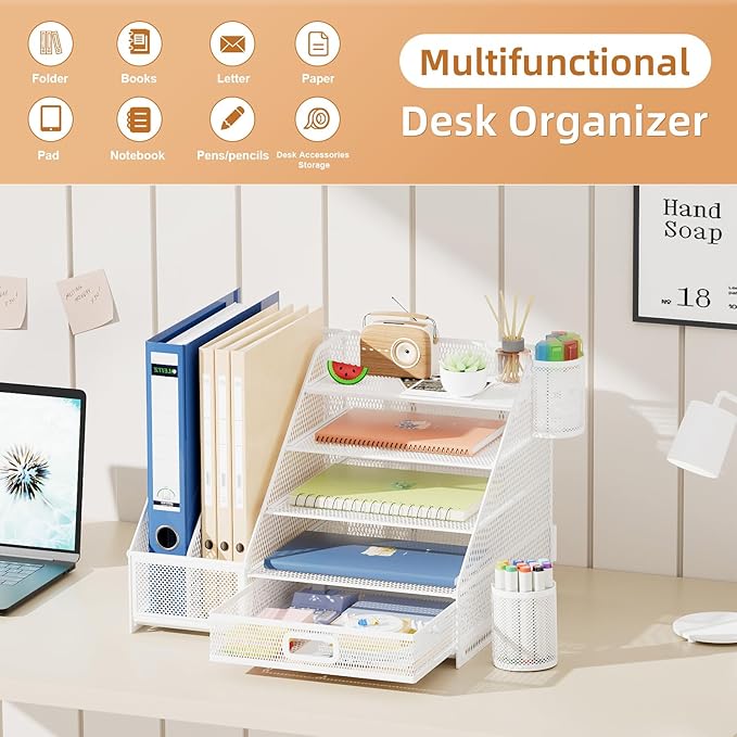 Marbrasse Desk Organizer with File Holder, 5-Tier Paper Letter Tray Organizer with Drawer and 2 Pen Holder,Mesh Desk Organizers and Accessories,Desktop Organizer and Storage for Office Supplies(White)