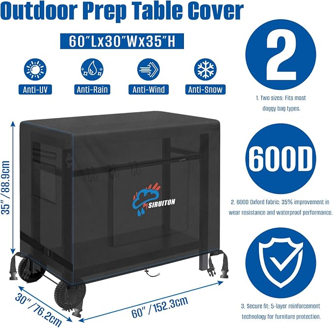 SIRUITON Outdoor Bar Cart Cover for 60 Inch Portable Outdoor Table, Heavy Duty 600D Oxford Fabric Outdoor Waterproof BBQ/Worktable Metal Movable Table Cover