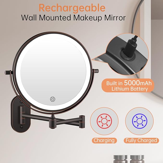 5000mAh Rechargeable Wall Mounted Lighted Makeup Vanity Mirror Double Sided 1X