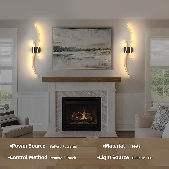 Battery Operated Wall Sconce Set of 2, Dimmable Modern LED Rechargeable Wall