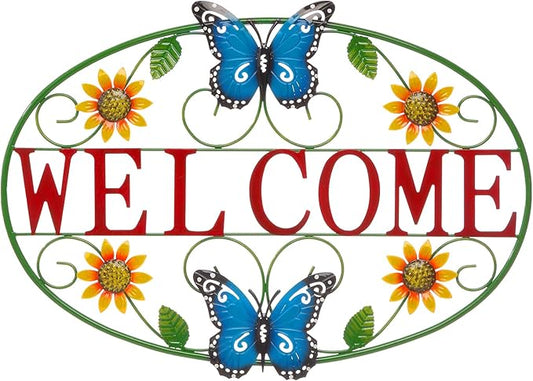 Glitzhome Metal Welcome Wall Decor - Outdoor/Indoor Vibrant Sunflower & Butterfly Garden Art for Porch Patio Yard