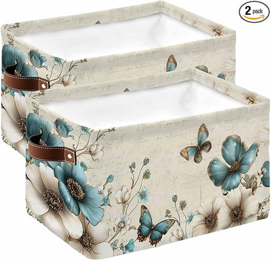 Teal Tulip Butterfly Storage Bins Cubes Waterproof Cloth Storage Basket,Turquoise Floral Farmhouse Beige Foldable Storage Bags for Shelf Clothes Storages Organizers with Handles 15x11x9.5 in 2PCS